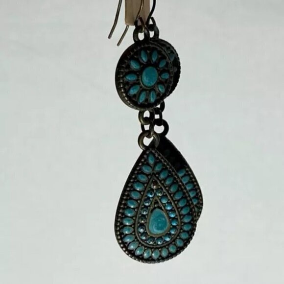 Turquoise Enamel Dangle Drop Earrings Coral Blue Bronze Tone Tear Drop 2 1/4” - Picture 6 of 10